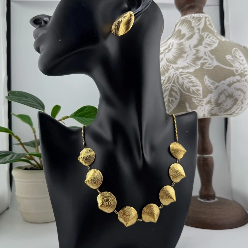 Gold Textured Bead Statement Necklace & Earring Set – Stainless Steel - Picture 12 of 17